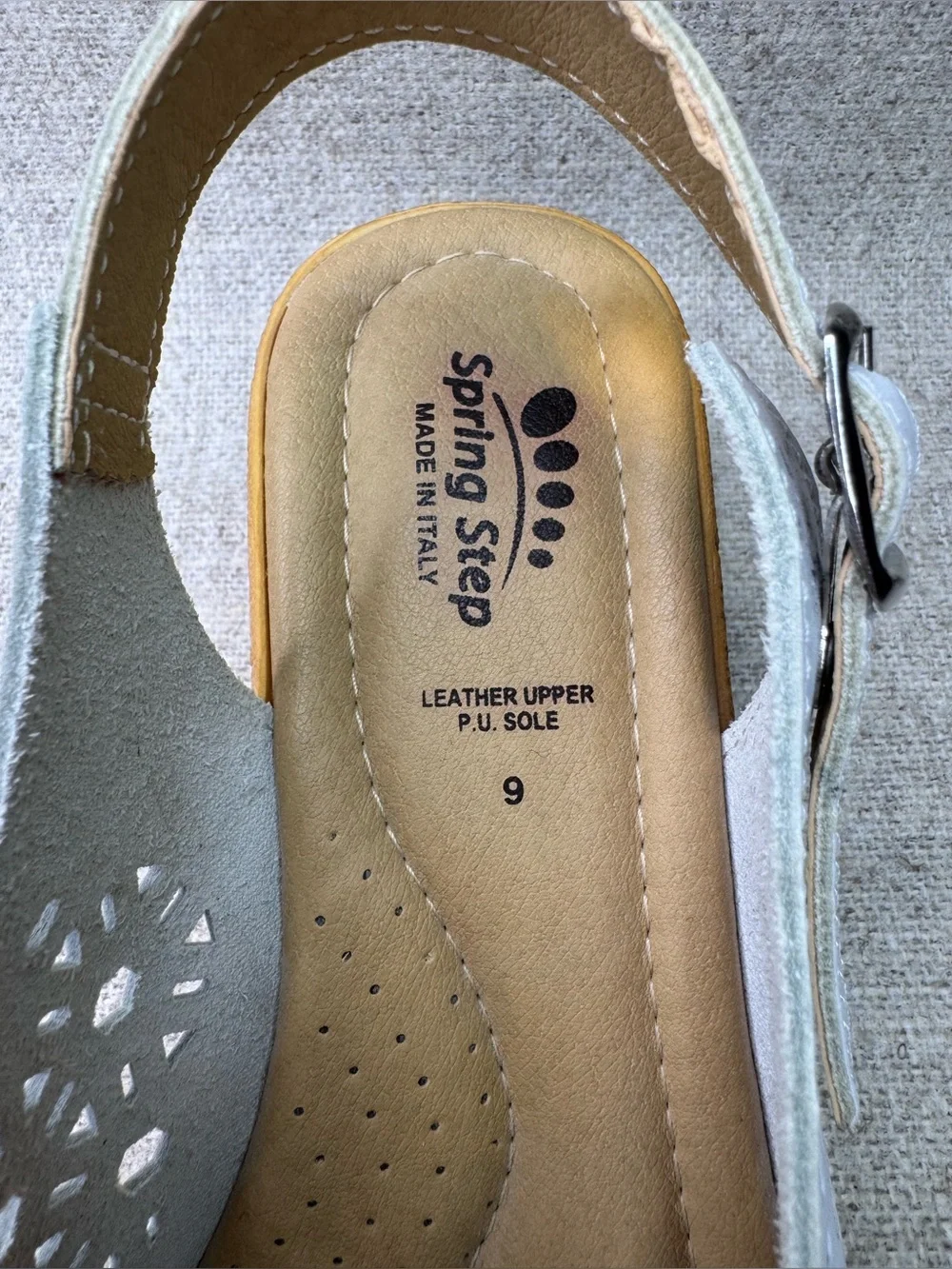 Spring Step Wedge Slingback Sandals white leather sz 9 peep toe design laser cut